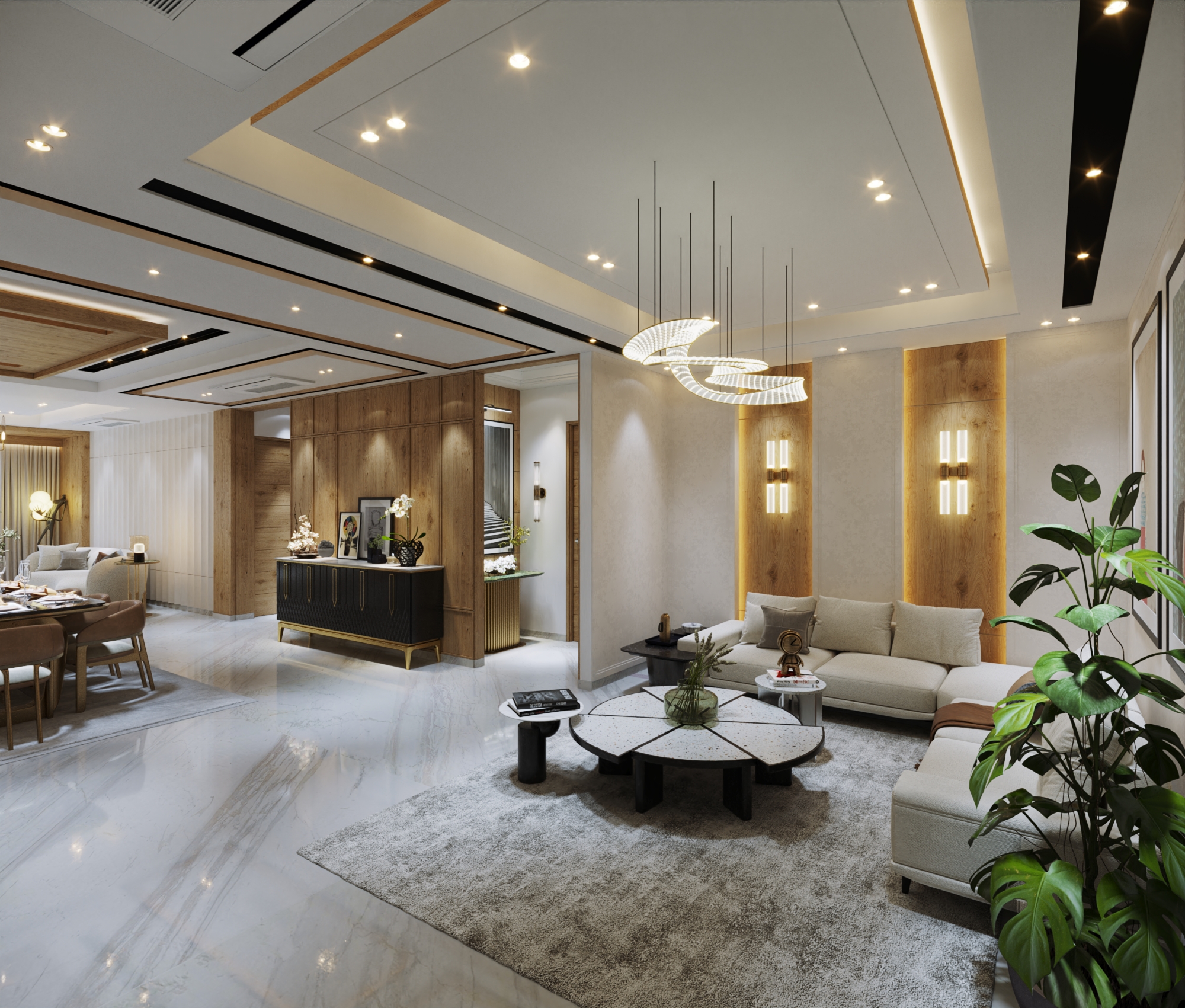 Luxurious open-plan living and dining interior designed by Oberoi Architects