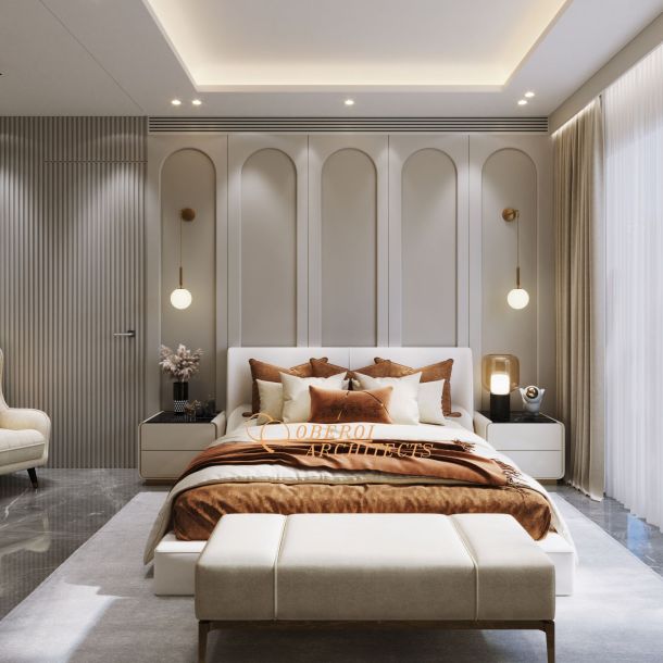 Refined bedroom interior with arched wall decor and warm neutral palette