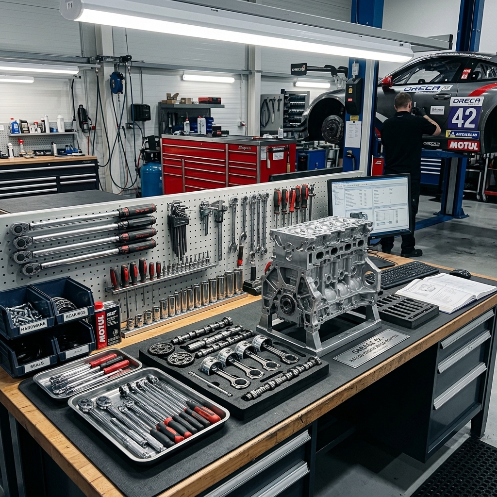 Clean and organized workbench in motorsport workshop with engine parts