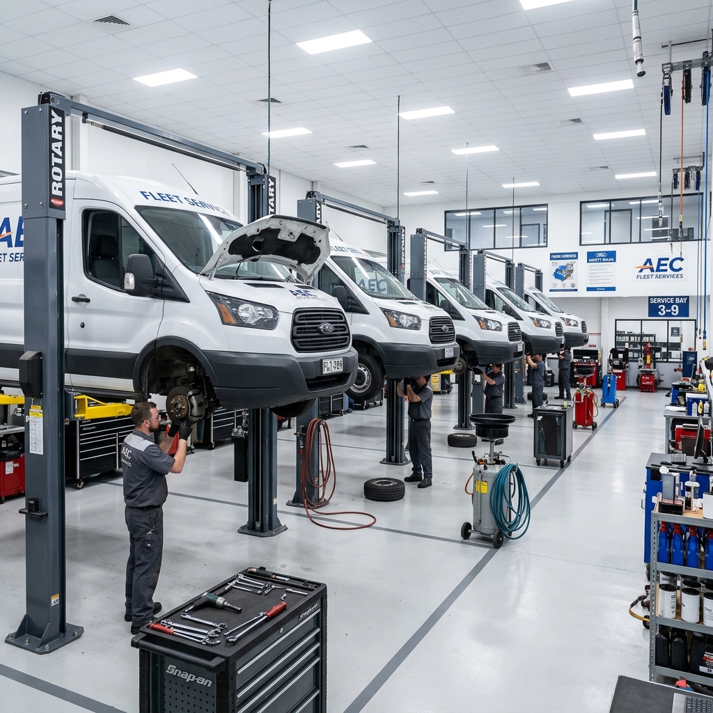 Commercial transport vans on hydraulic lifts in a bright modern workshop