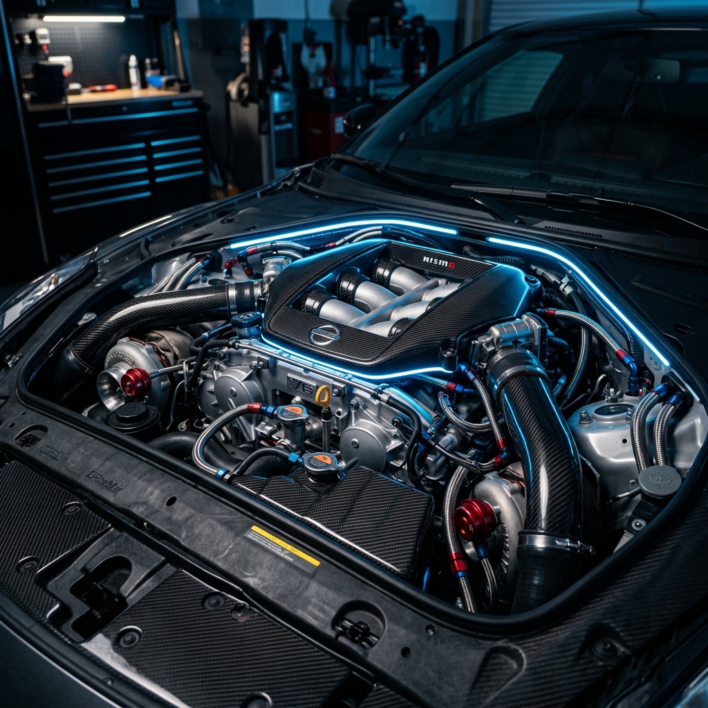 High-detail twin-turbo V6 engine bay with glowing blue LED highlights