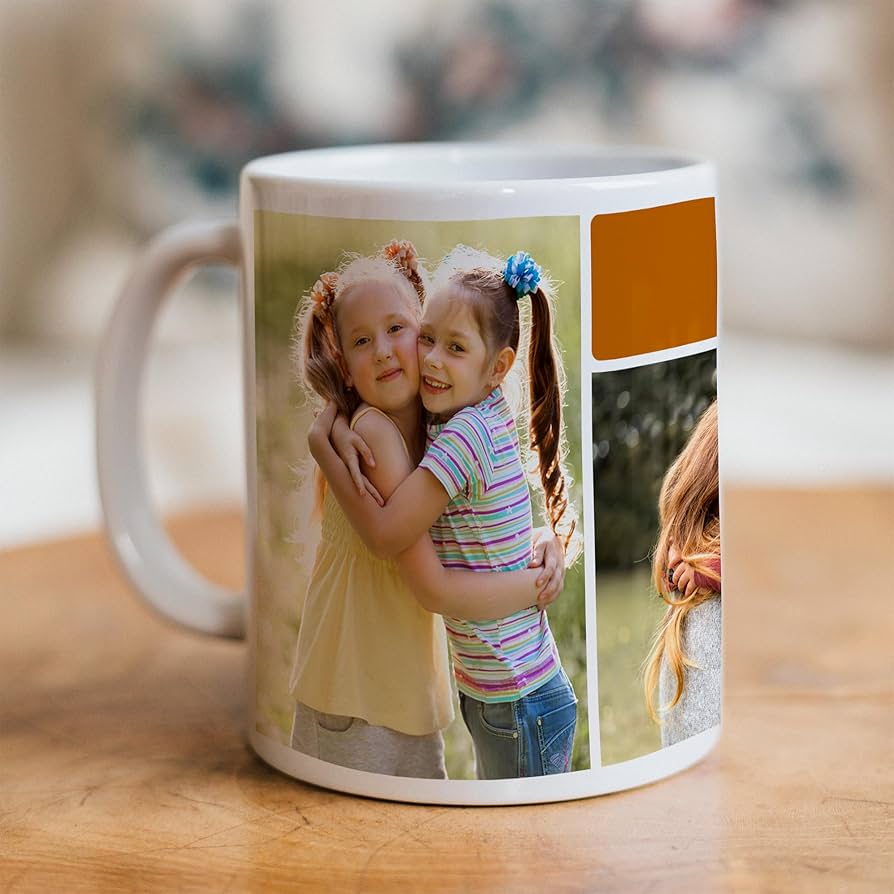 White mug printed with photos of smiling students on a wooden surface