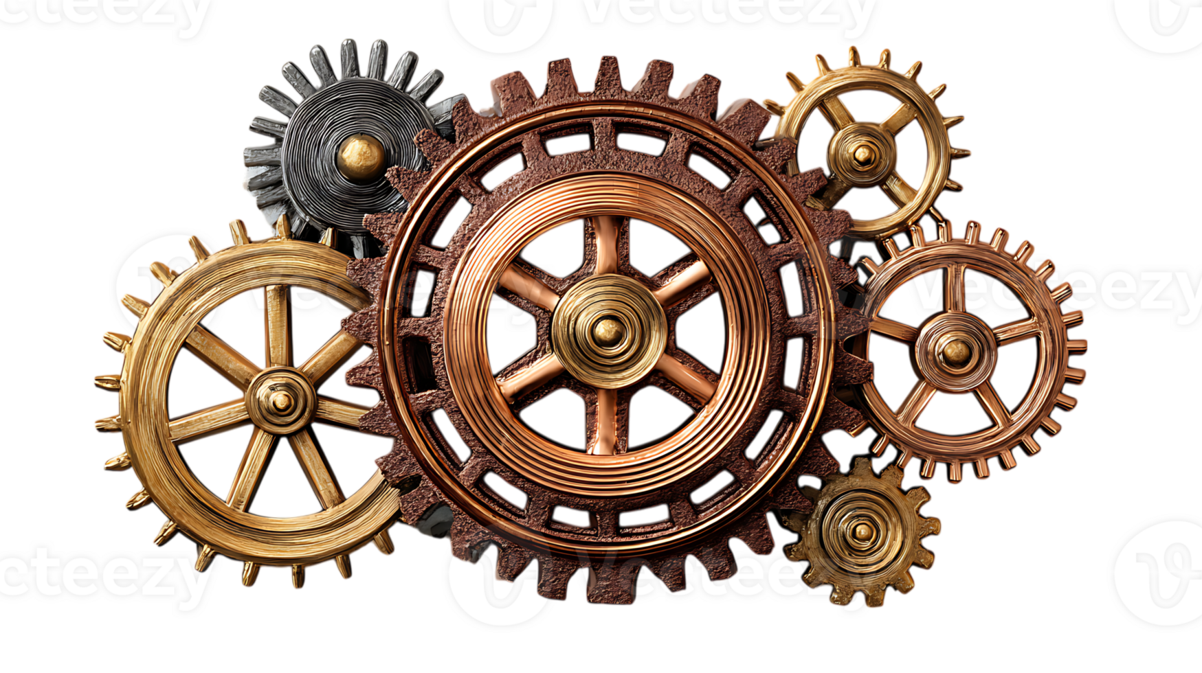 Cluster of metallic gears forming a steampunk composition