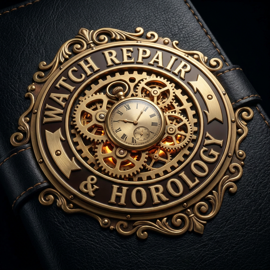 Luxurious brass emblem reading Watch Repair & Horology with ornate gears and pocket watch