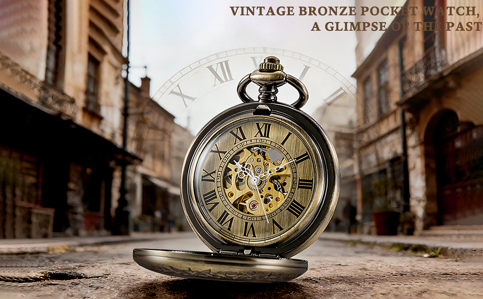 Vintage bronze pocket watch open on a dark street with blurred old buildings