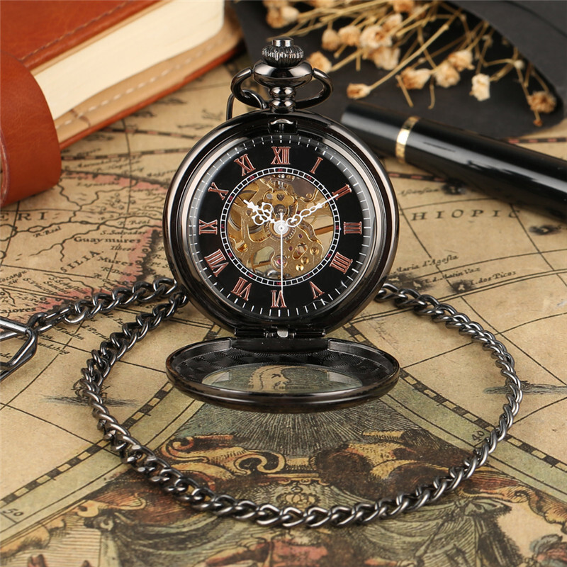 Black skeleton pocket watch with red Roman numerals on an antique map