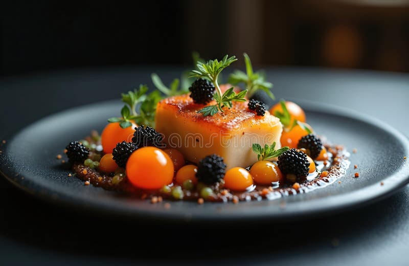 Seared orange-topped gourmet dish with berries and herbs on a dark plate