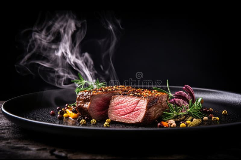 Sliced steak with pink center, garnished with spices and herbs on a black plate