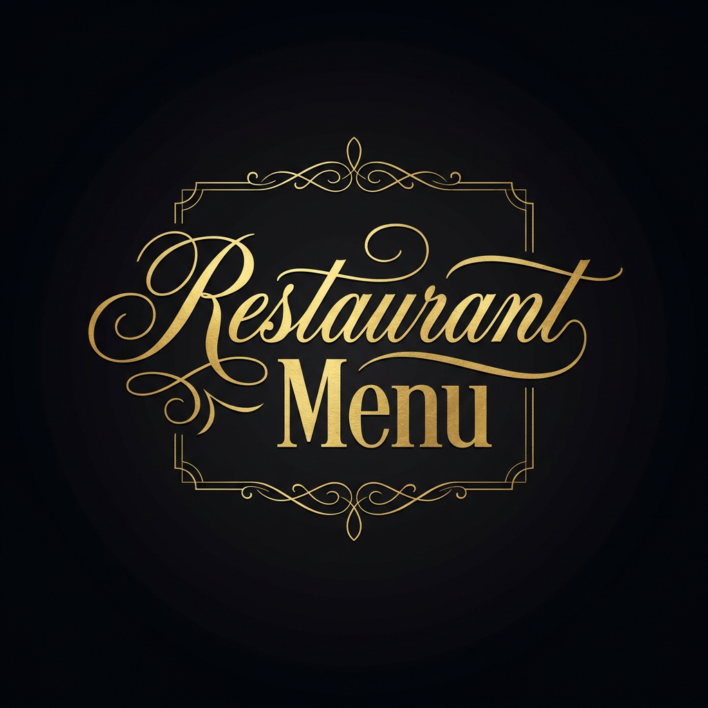 Restaurant Menu gold title on black background in ornate frame