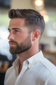 Man with neatly styled brown hair and full beard in profile