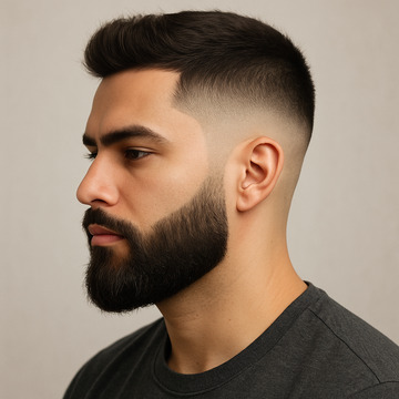 Profile with sharp fade haircut and full beard