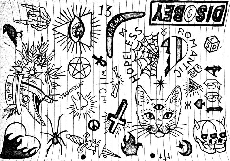 Vintage tattoo-style doodle sheet with skulls, cats, spiders, and handwritten text on lined paper