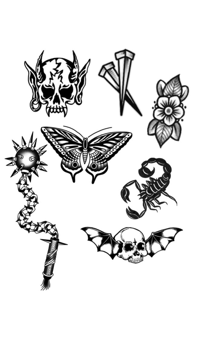 Traditional black and white tattoo flash sheet with skulls, scorpion, butterfly, and gothic weapons