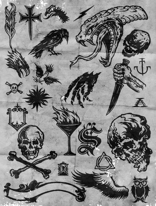 Grungy vintage tattoo flash with skulls and a snake on textured folded paper