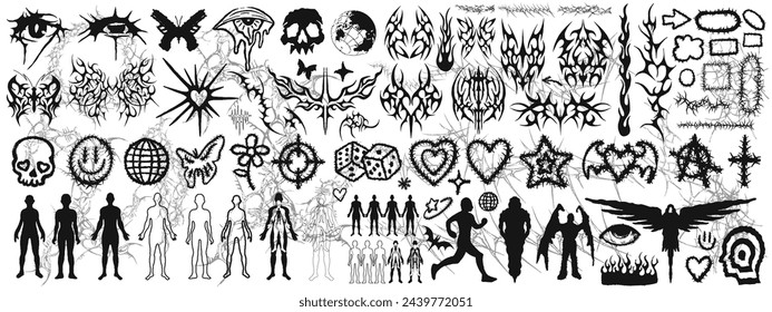 Dense grunge and tribal vector flash with skulls, hearts, and abstract shapes