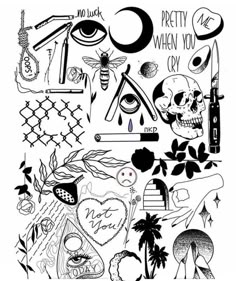 Minimalist tattoo flash sheet with skull, crescent moon, eye, razor, and the phrase pretty when you cry