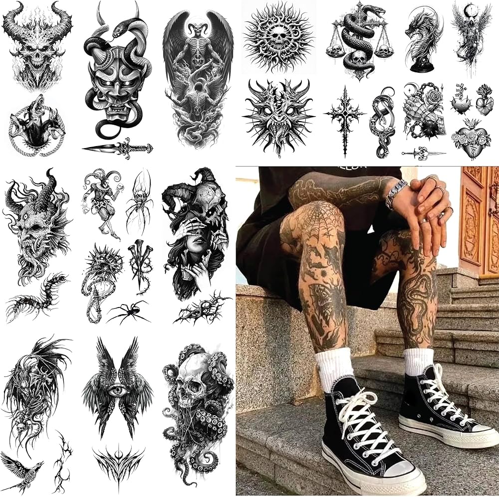 Gothic tattoo flash grid beside a heavily tattooed person on stone steps
