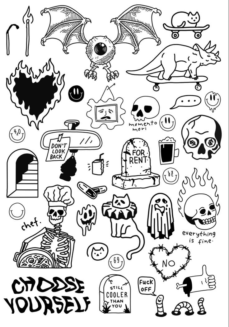 Maximalist doodle-style flash sheet packed with skulls, cats, and symbols with handwritten text